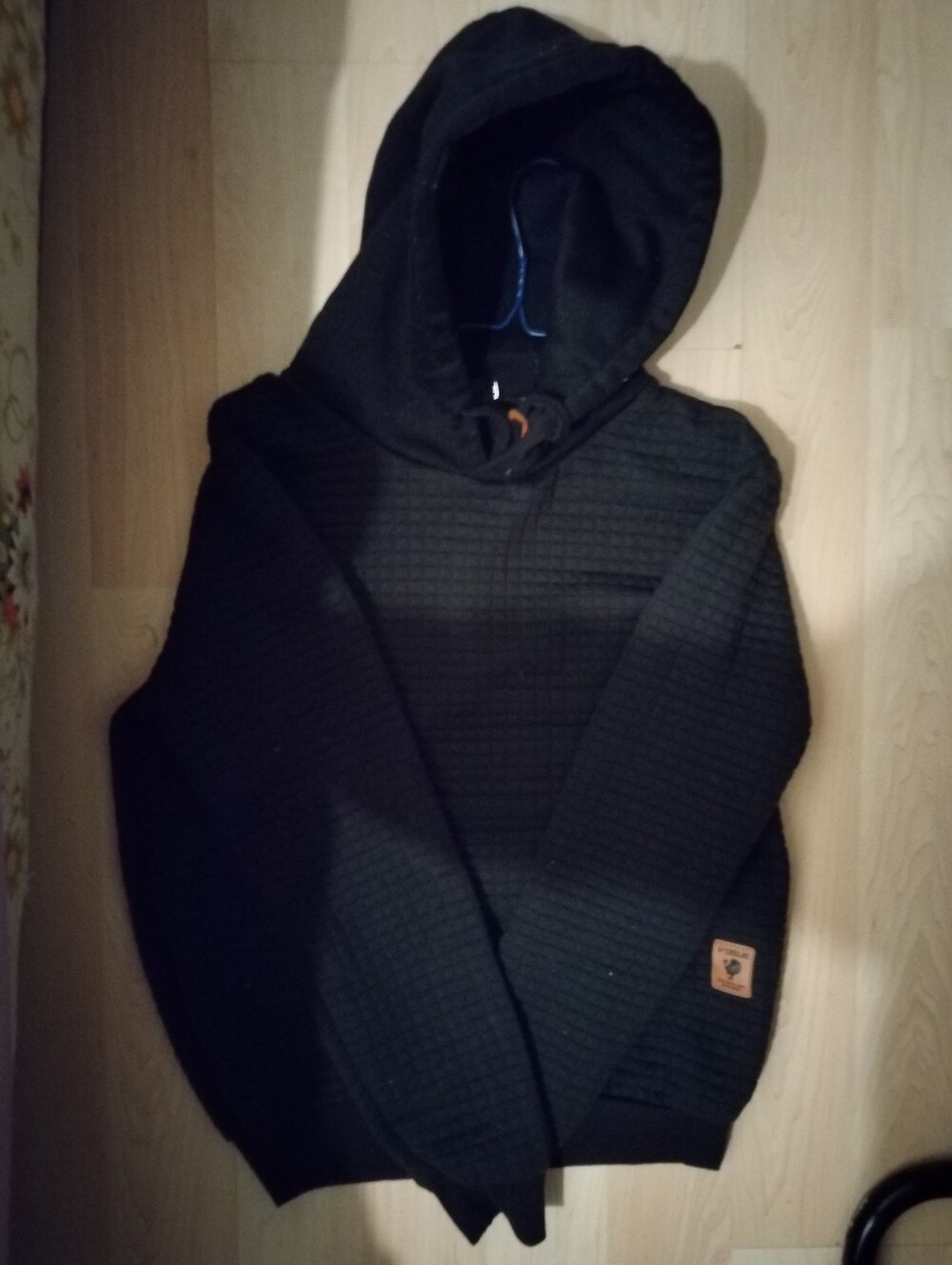 Black Quilted Hoodie with Patch Detail